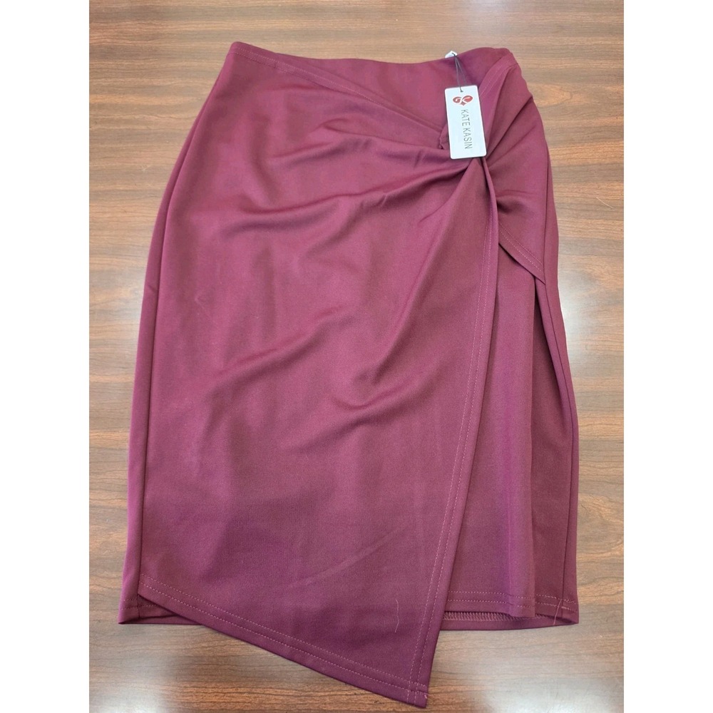 Kate Kasin Burgundy Pencil Skirt Small Womens Wrap Front Asymmetric Stretch NWT